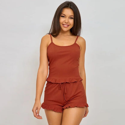 New Summer Womens Ribbed Knit Pajama Set Ruffle Trim Cami Top Drawstring Shorts Loungewear Two Piece Sleepwear Sexy Homewear