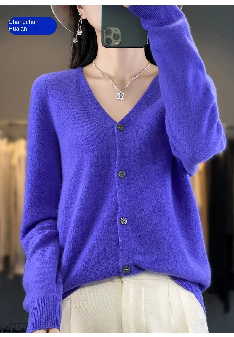 100 Merino Wool Knitted V-neck Sweater Women's Top Loose Korean Version Fashionable Versatile Autumn And Winter Cashmere Sweater
