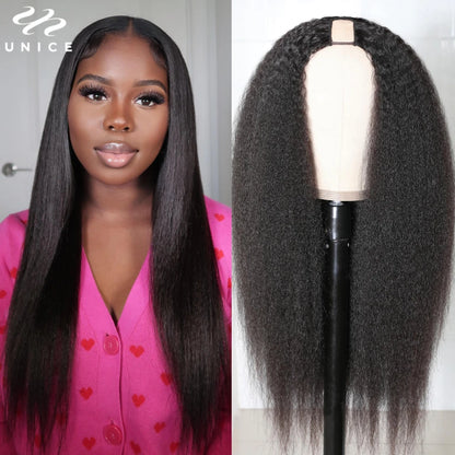 UNice Hair Drawstring Cap Kinky Straight V Part Wig & U Part Wig EasiContour 100% Human Hair Wigs No Glue Small Head Friendly