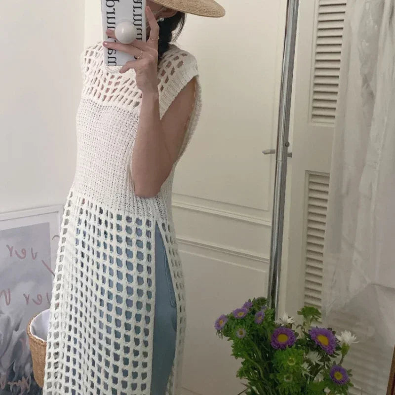 TKNOLEGE Knitted Dress Hollow French Style Fashion O-neck Out Design Sleeveless Solid Casual Tender Holiday Chic Ladies Dress ﻿