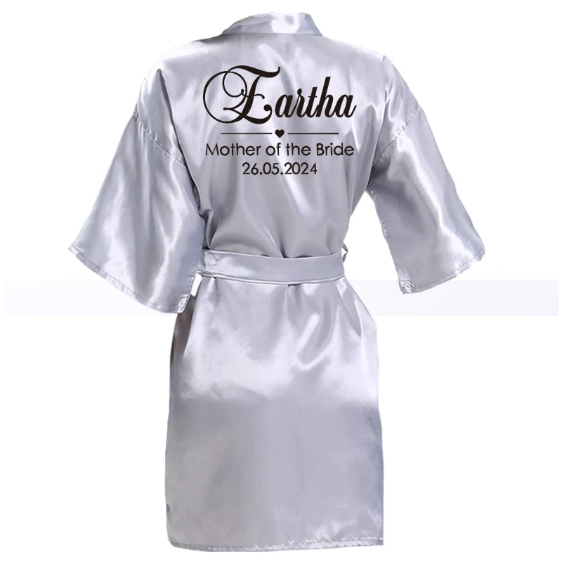Customized Name Date Wedding Bathrobe Faux Silk Bridal Robe Bride Bridesmaid Wedding Robes Woman Bachelorette Hen Party silver gray robe