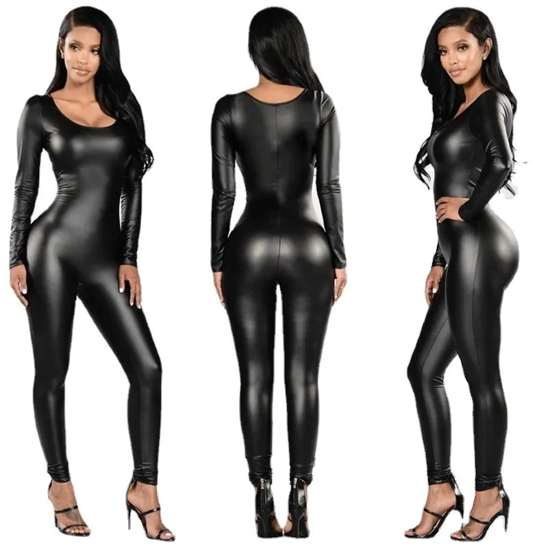 Women Jumpsuit Patent Leather Sexy Black Long Sleeve Jumpsuit Female Uniform Bodysuit Badiee Stylez