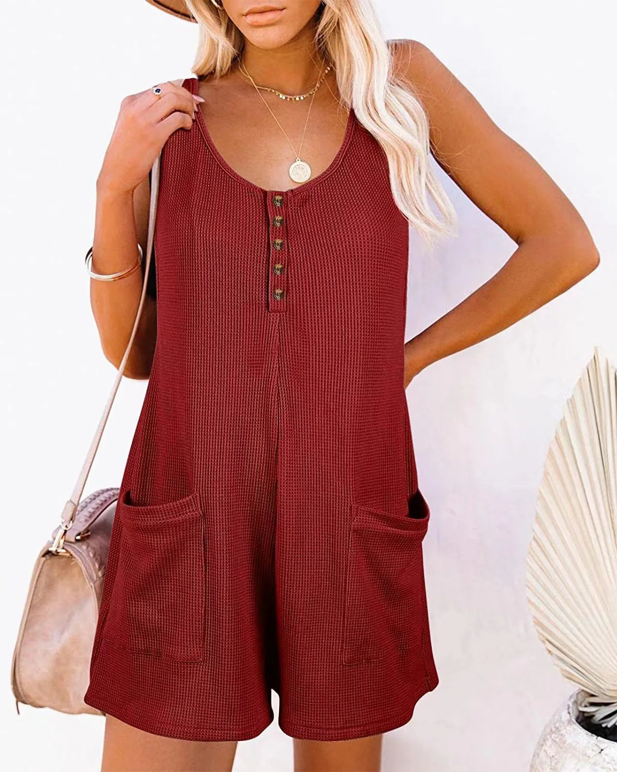 Women Loose Overalls Boho Solid Color V Collar  Pocket Sleeveless Rompers Summer Casual Clothes Short Jumpsuit Badiee Stylez