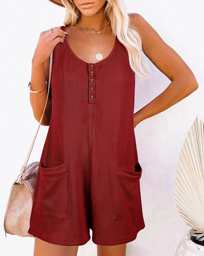 Women Loose Overalls Boho Solid Color V Collar  Pocket Sleeveless Rompers Summer Casual Clothes Short Jumpsuit Badiee Stylez