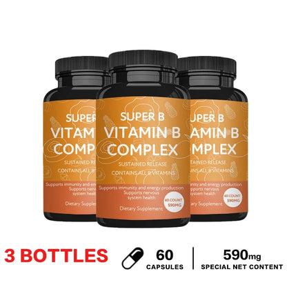 Vitamin B Complex Capsules - Replenish Energy, Relieve Stress, Improve Digestion, and Enhance Immunity 60 Capsule-3bottles
