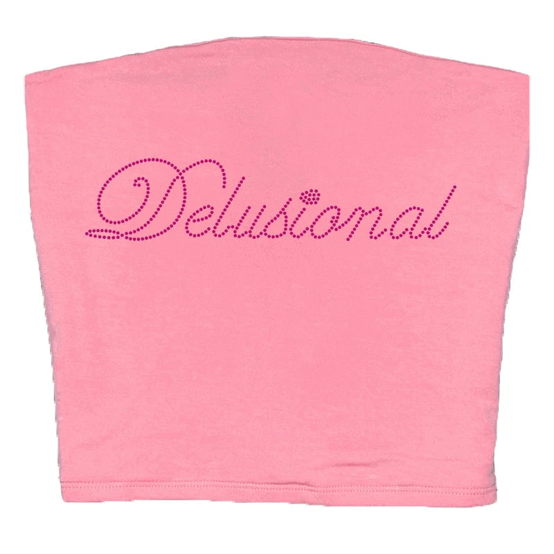 Vintage Punk Rhinestone Letter Gothic Sleeveless Streetwear Short Sleeve Sexy T Shirt Y2k Style Crop Tank Top Women Summer Camis Fuchsia