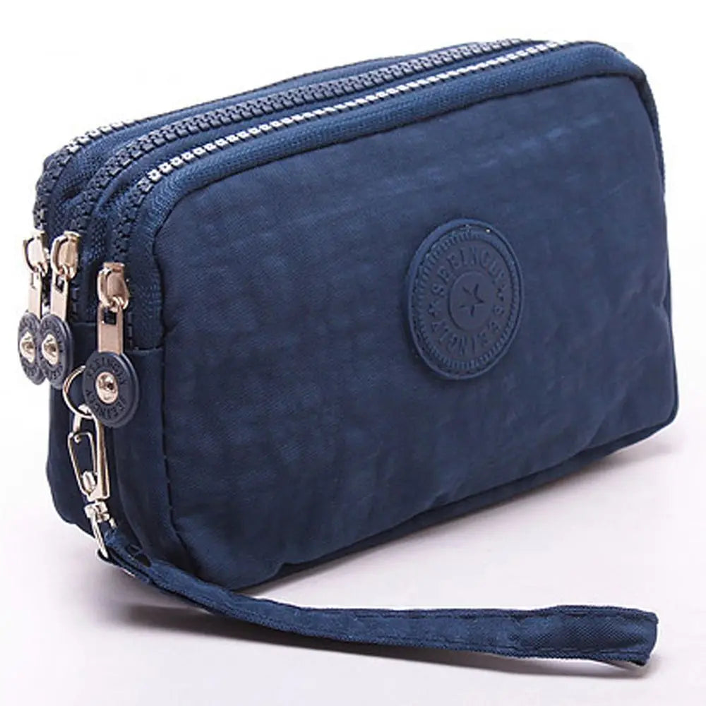 Bags Fabric Phone Purse Solid Color Coin Purse Three Zippers Bags Korean Style Wallets Women Wallets Wrinkle Clutch Bag navy blue