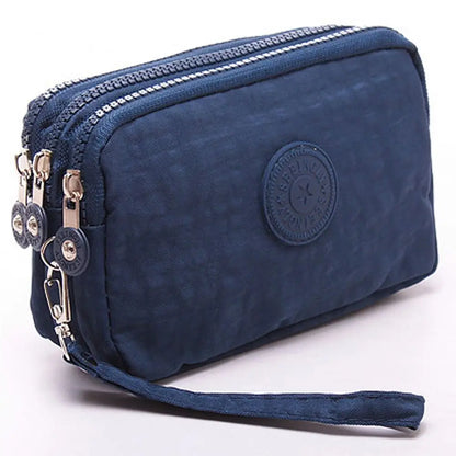 Bags Fabric Phone Purse Solid Color Coin Purse Three Zippers Bags Korean Style Wallets Women Wallets Wrinkle Clutch Bag navy blue