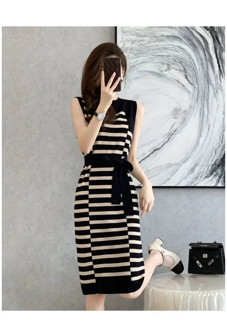 2025 Summer New Over-knee Long Temperament Slim Waist Vest Sleeveless Slim Striped Knitted Dress