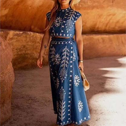 Elegant Women's Retro Printed Sleeveless Half High Neck Short Top With Vacation Style Two-piece Vestidos For Spring/summer 2024