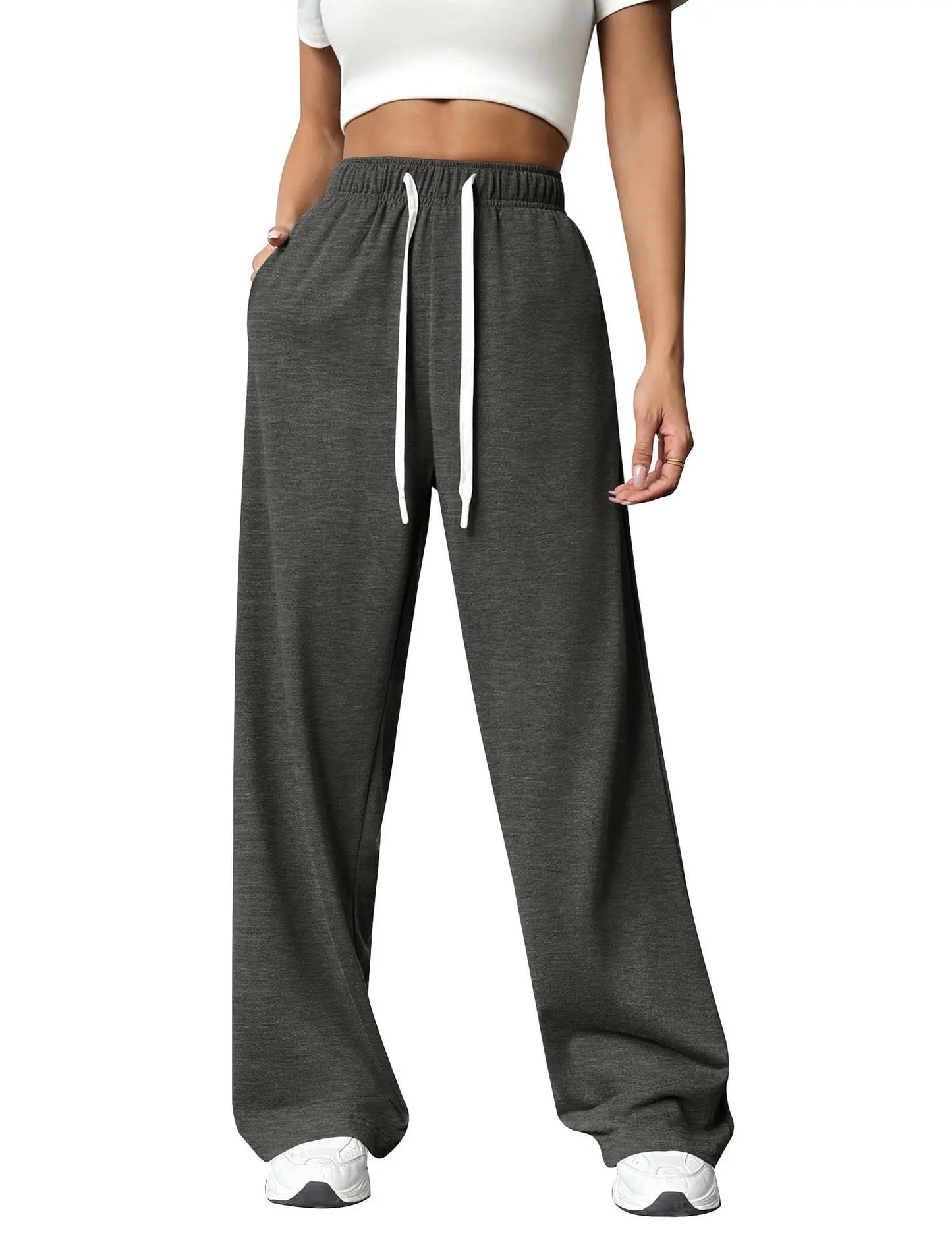 Casual Wide Leg Sports Pants for Women Casual Straight Leg Loose Solid Color Elastic Drawstring High Waisted Wide Leg Pants Dark grey