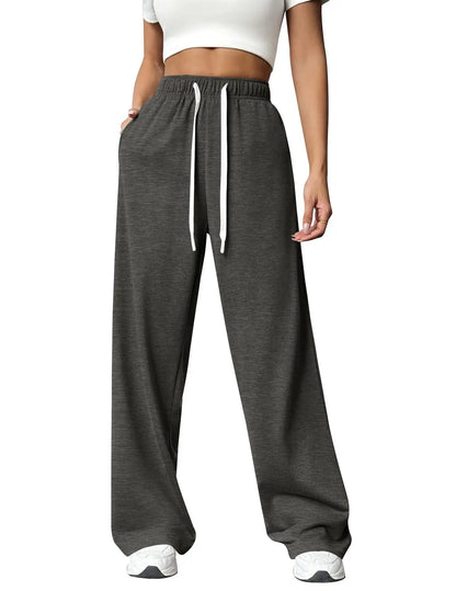 Casual Wide Leg Sports Pants for Women Casual Straight Leg Loose Solid Color Elastic Drawstring High Waisted Wide Leg Pants Dark grey