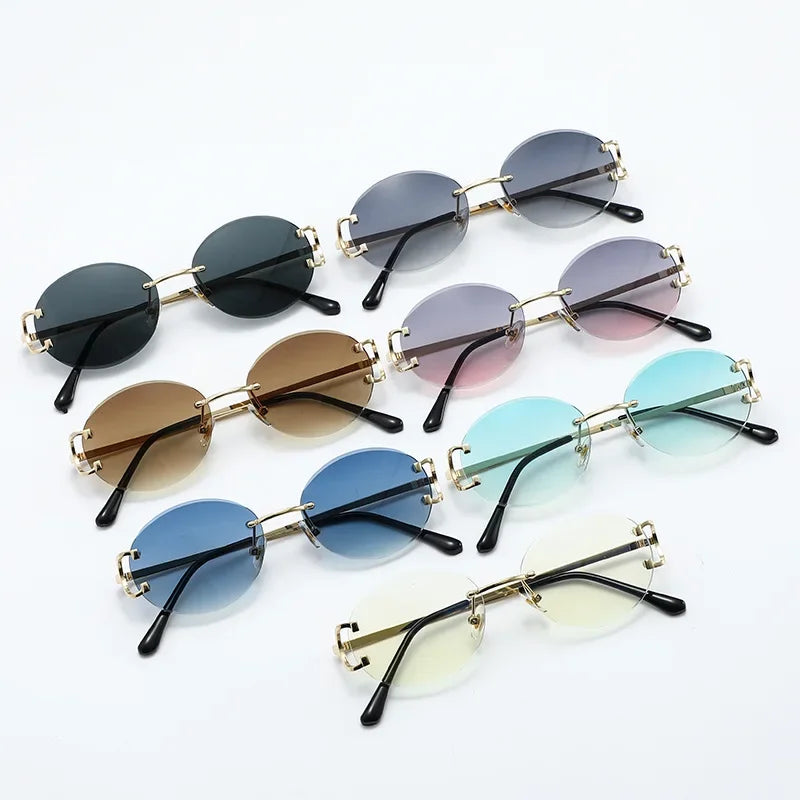 Trendy Sunglasses For Woman Summer Rimless Sunglass Oval Fashion Brand Designer Shades Pink Women's Sun Glasses UV400