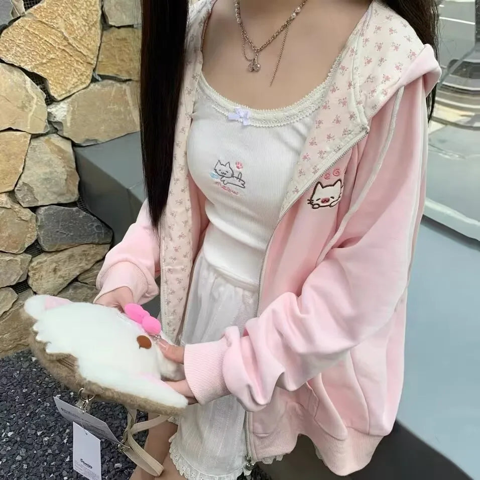 Harajuku Korean Kawaii Hooded Coat Women Thin Long Sleeve Zipper Cardigan Y2K Streetwear New Mid-length Loose Jackets