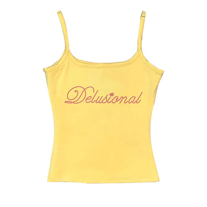 Vintage Punk Rhinestone Letter Gothic Sleeveless Streetwear Short Sleeve Sexy T Shirt Y2k Style Crop Tank Top Women Summer Camis Brown