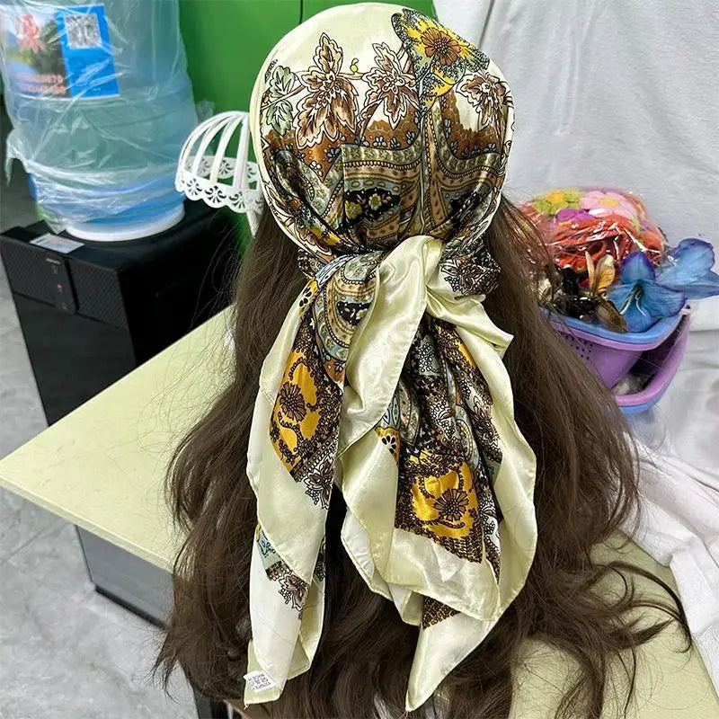Outdoor Satin Silk Headscarf Hat with Brim 2-in-1 Sun Hat and Headband Elegant Printed Square Scarf Cap