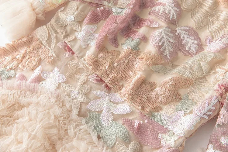 IEQJ Fashion Pink Embroidered Sequins Dress Women's Round Neck Ruffles Half Sleeves Ankle-length Dresses New 3A132 Badiee Stylez