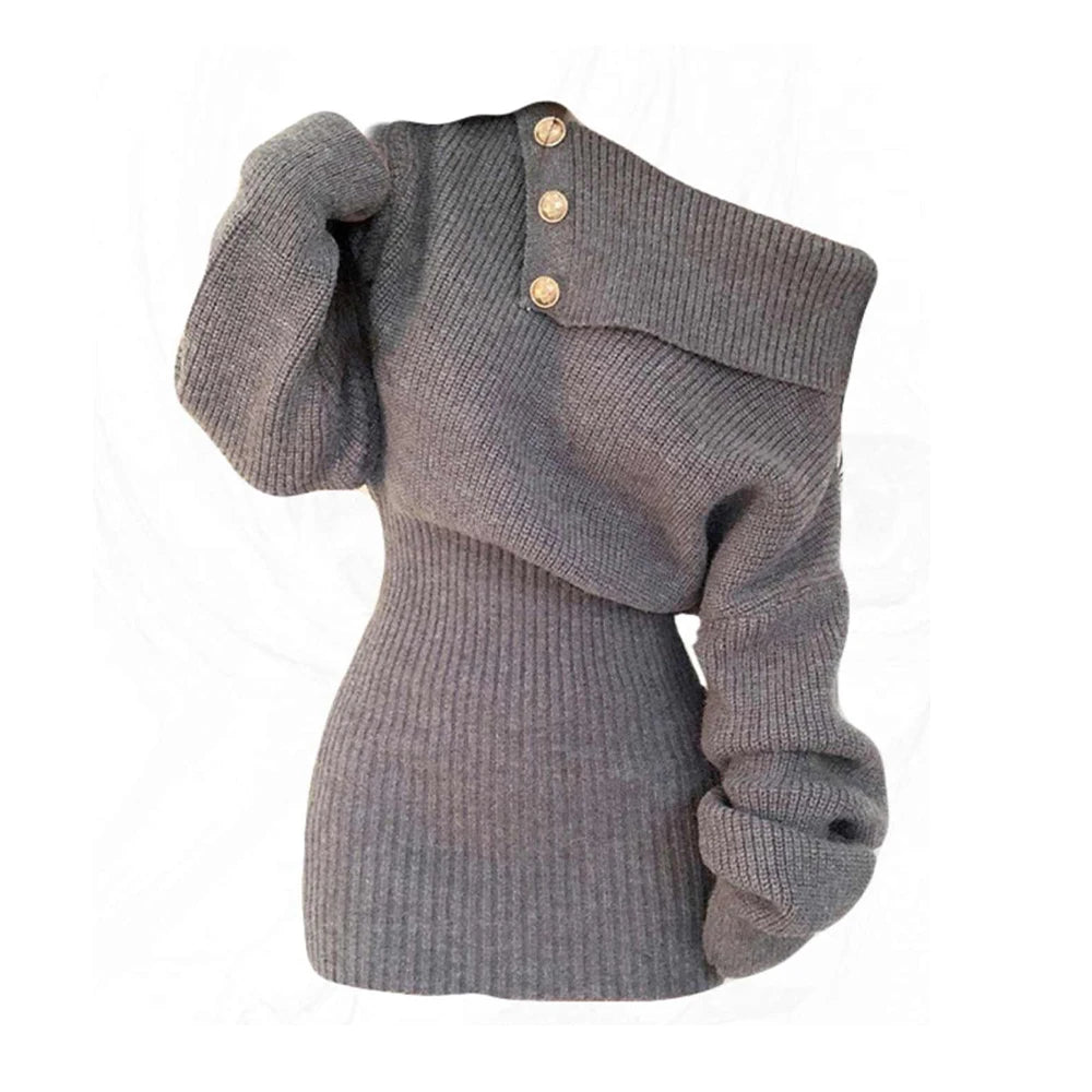 Women's Grey Long Sleeve Bodycon Mini Dress Vintage Slash Neck Knitted Dress Y2k Birthday Party One Piece Frocks Clothes Autumn Grey