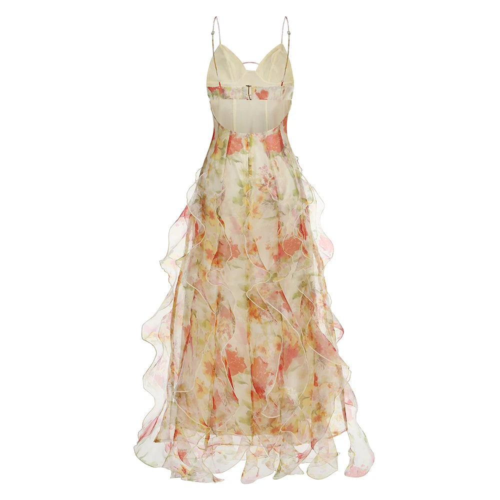 Summer New 2024 Women Sexy V Neck Backless Flower Chiffon Maxi Gowns Dress Split Celebrity Cut Out Beach Maxi Dress