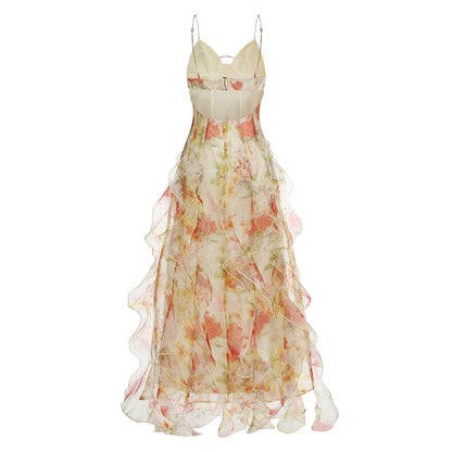 Summer New 2024 Women Sexy V Neck Backless Flower Chiffon Maxi Gowns Dress Split Celebrity Cut Out Beach Maxi Dress