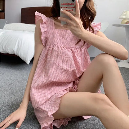 Fly Sleeve Sleepwear Women Pajamas Shorts Set Plaid Korean Kawaii Pijama Night Wear Ruffles Summer Home Suit Cute Sleeping 2024