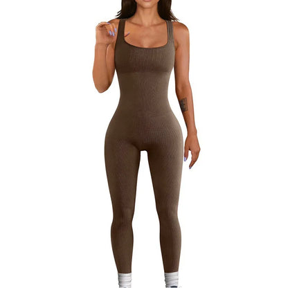 Women Workout Seamless Jumpsuit Yoga Ribbed Bodycon One Piece Square Neck Leggings Romper Badiee Stylez