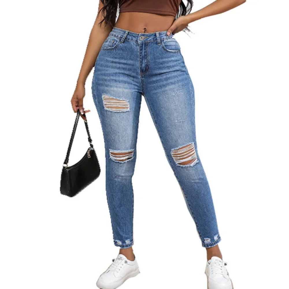 Women Jeans Holes Pencil Pants Washing Denim Pockets Sexy Sheath High Waist Slim Fit Zipper Fly Ankle Length Basics 2024