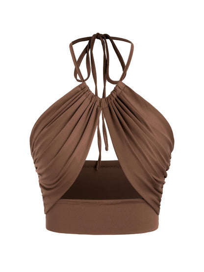 Europe and the United States solid color hanging neck small tube top hollowed out umbilical slim hot girl suspender vest coffee