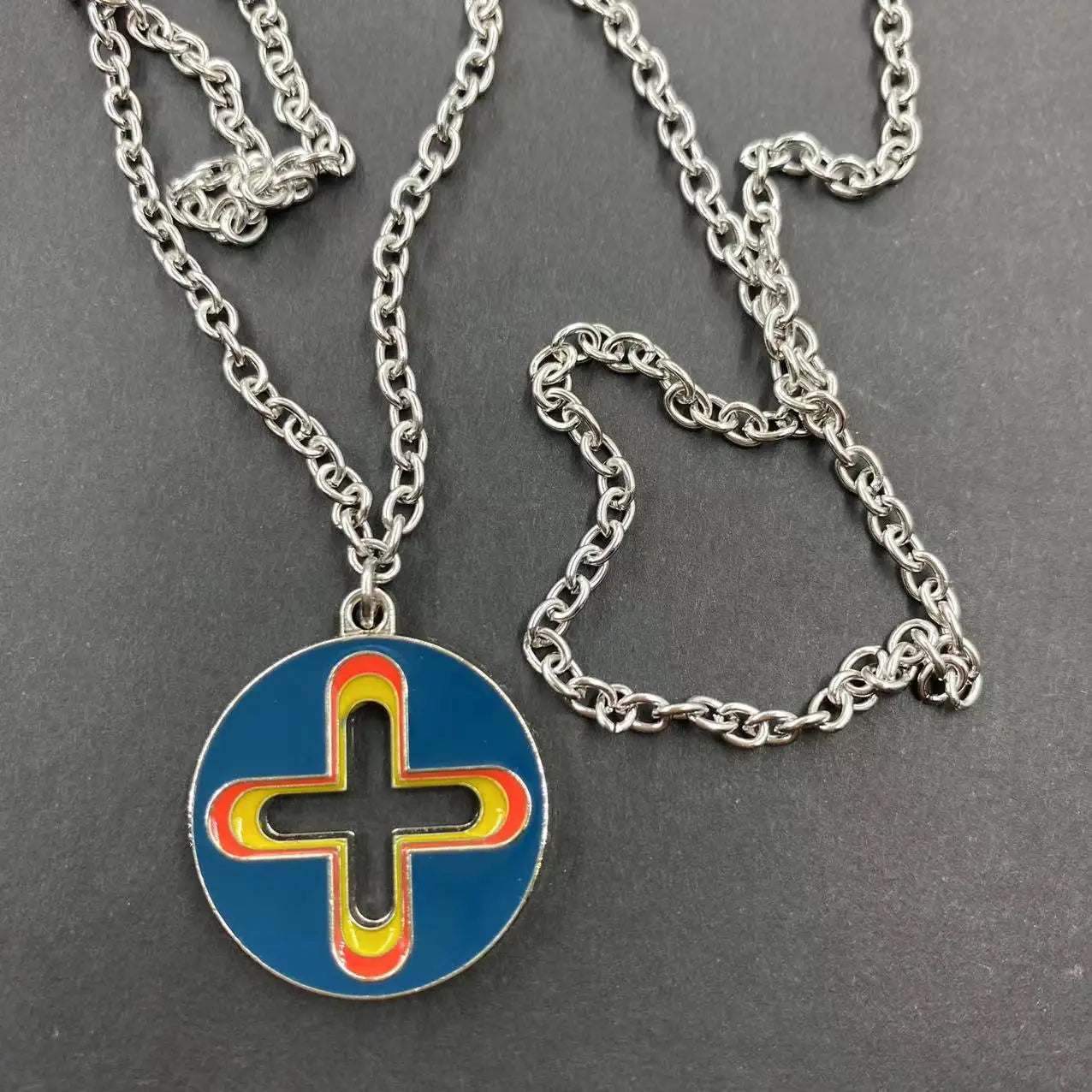 New Trendy Brand Cross Round Brand Dripping Oil Pendant Necklace Hip Hop Niche Design Personality Net Red Same Necklace Dark blue