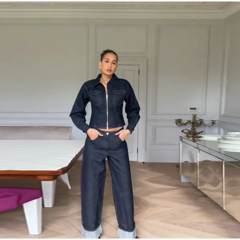 Lapel Zipper Denim Jackets Pants Sets Women Casual Pockets Short Jackets Suit With High Waist Jeans Lady Chic High Street Outfit