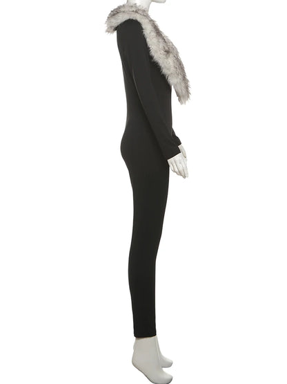 Weird Puss Sexy Furry Collar Junpsuits+Foot Cover Woman Hipster Autumn Full Sleeve Skinny Peach Hip Midnight Party Club Overalls Badiee Stylez