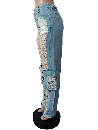 Trend Hollow Out Broken Holes Jeans Women Fashion Leg Patchwork Pocket Denim Pants Female High Waist Trousers Casual Streetwear