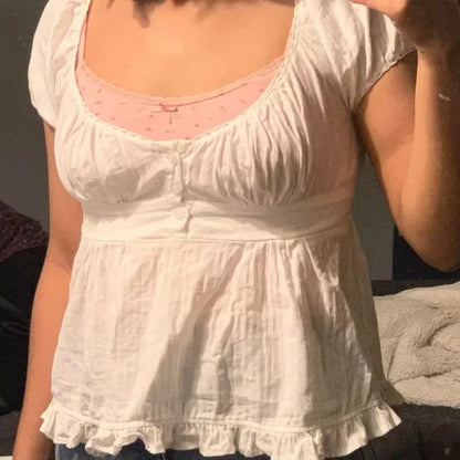 Womens Y2k Fairy Grunge Shirts Square Neck Short Sleeve Lace Patchwork Crop Top Vintage Aesthetic Clothes WHITE