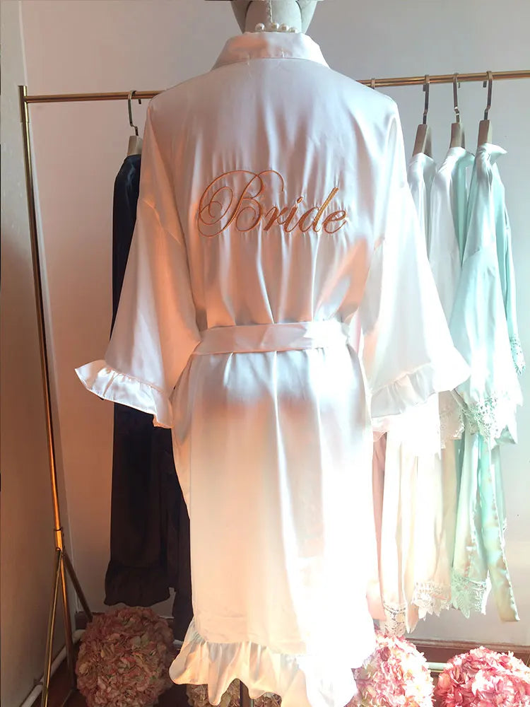 Personalized Embroidered Robe Ruffle Bridesmaids Silk Robes Bride Wedding Day Embroider Kimono Customizable Elements Kimono Robe