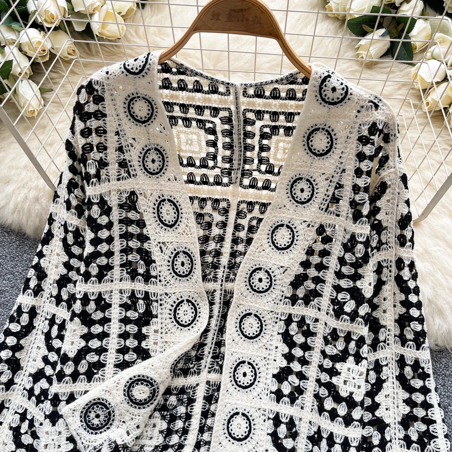 SINGREINY Vintage Boho Loose Plaid Cardigans Female Long Sleeves Hook Flower Hollow Tops 2025 Vacation Sunscreen Casual Shirt Badiee Stylez