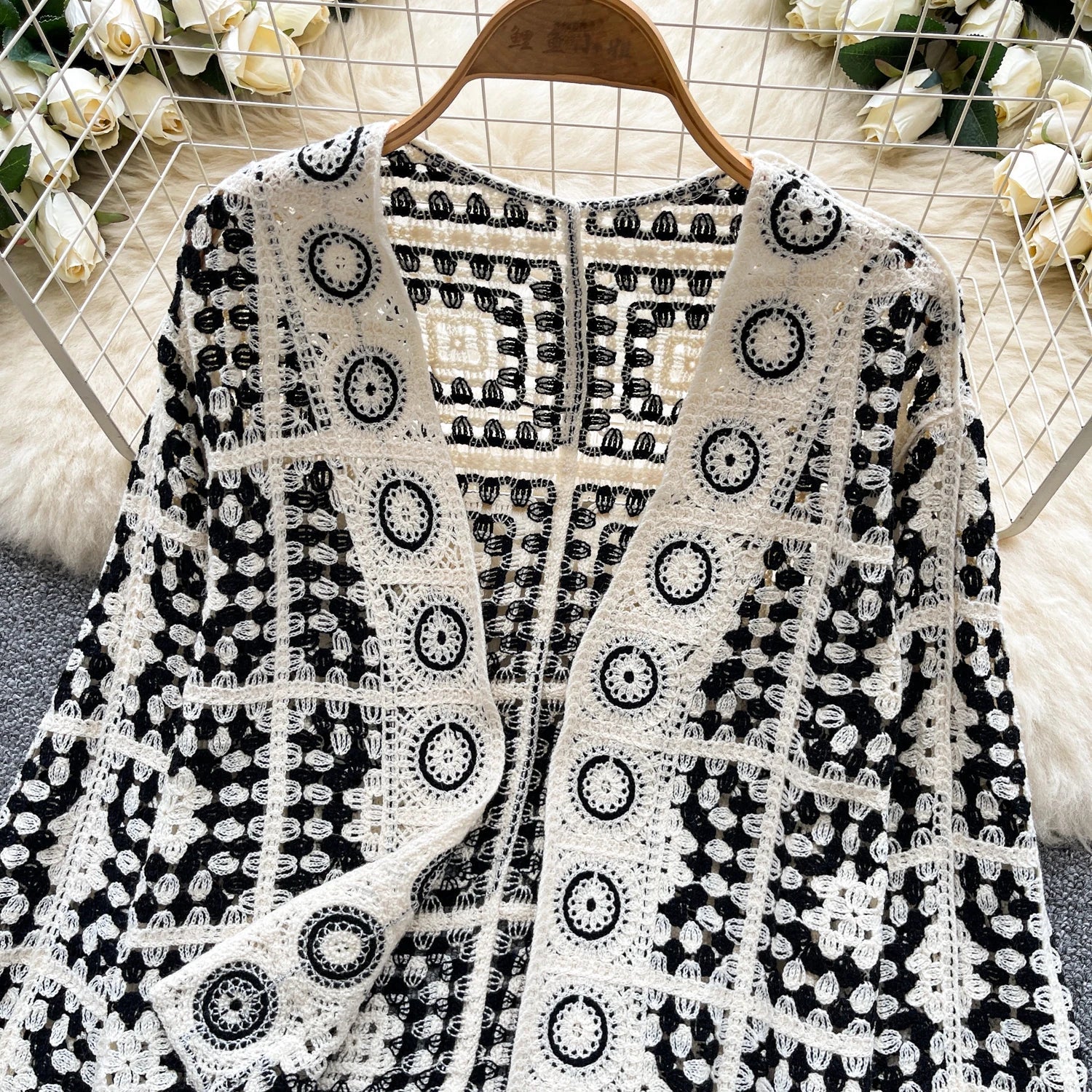 SINGREINY Vintage Boho Loose Plaid Cardigans Female Long Sleeves Hook Flower Hollow Tops 2025 Vacation Sunscreen Casual Shirt Badiee Stylez