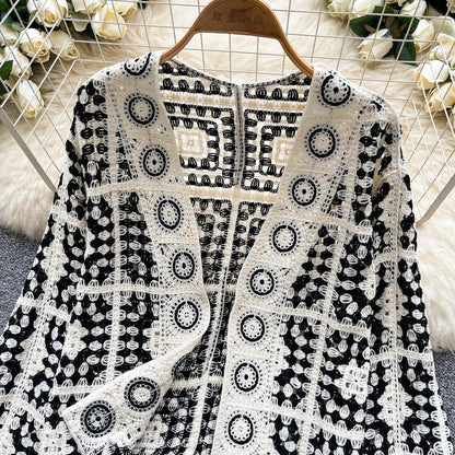 SINGREINY Vintage Boho Loose Plaid Cardigans Female Long Sleeves Hook Flower Hollow Tops 2025 Vacation Sunscreen Casual Shirt Badiee Stylez