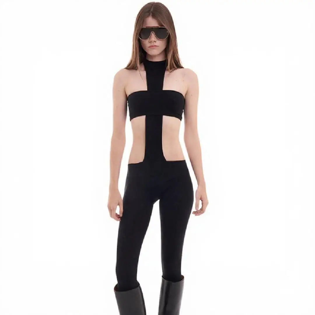 Sexy Y2K trendy streetwear, fashionable punk hanging neck, retro spicy girl slim fit jumpsuit pants Badiee Stylez