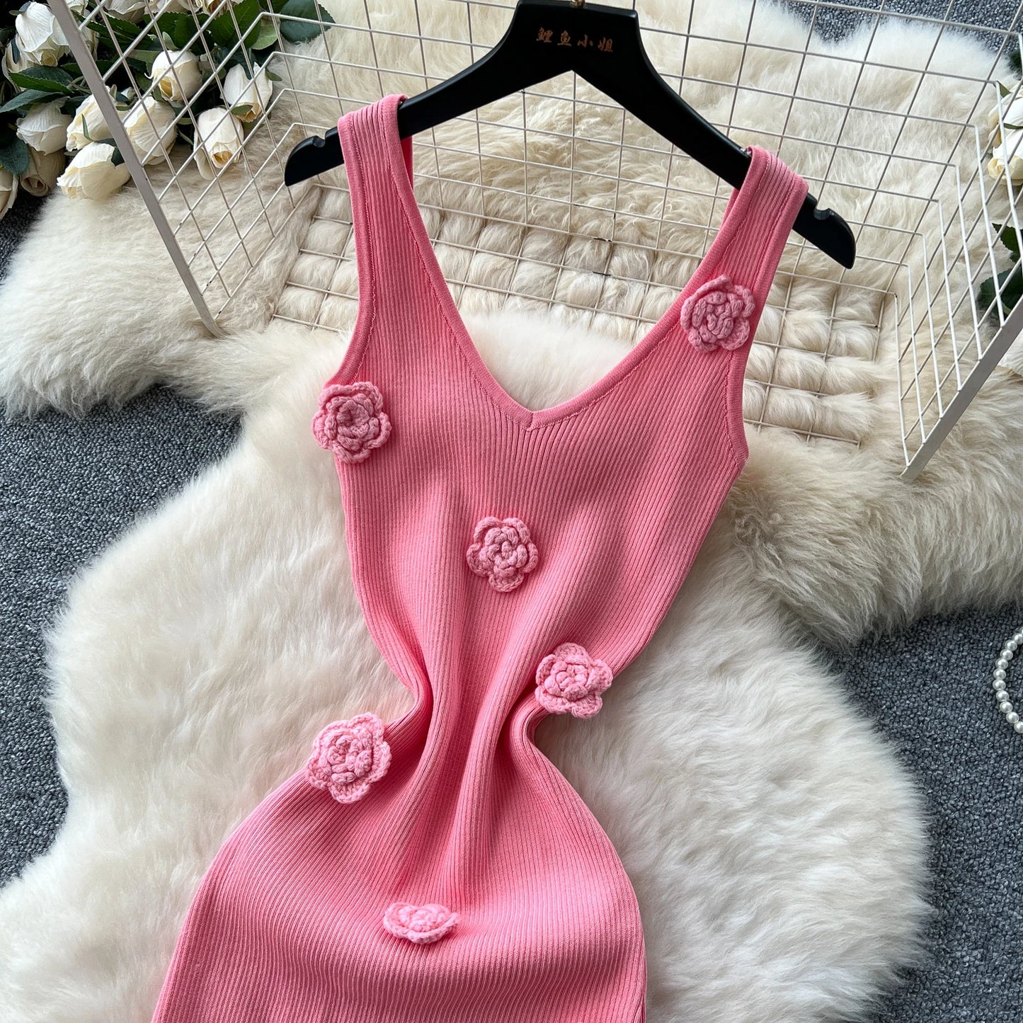 SINGREINY Knitted 3D Flower Chic Dress Sleeveless Slim Solid Elastic Sundress Women Summer Casual Fashion Bodycon Long Dresses