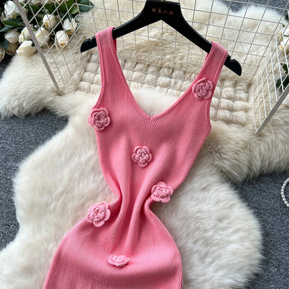 SINGREINY Knitted 3D Flower Chic Dress Sleeveless Slim Solid Elastic Sundress Women Summer Casual Fashion Bodycon Long Dresses