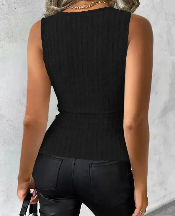 Women's Sexy Ribbed Knit Tank Top with Button Details - V-Neck Sleeveless Stretch Fit Machine Washable Black Polyester