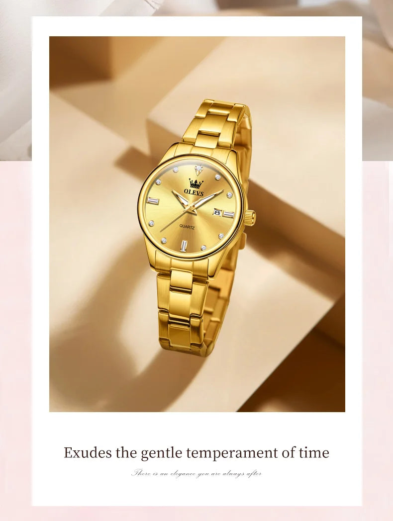OLEVS Elegant Fashion Brand Women's Watches Gold Waterproof cCalendar Quartz Watch for Lady Stainless Steel Original Wristwatch
