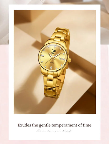 OLEVS Elegant Fashion Brand Women's Watches Gold Waterproof cCalendar Quartz Watch for Lady Stainless Steel Original Wristwatch