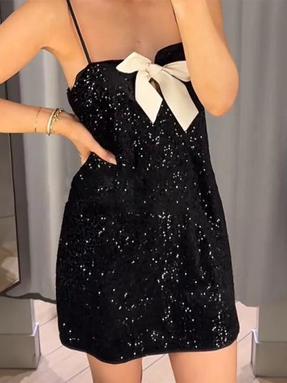 Sexy Sequins Short Black Party Dresses for Women Halter V Neck Backless Sparkly Ruffles Woman Mini Dress 2025 New Club Gowns black dress E