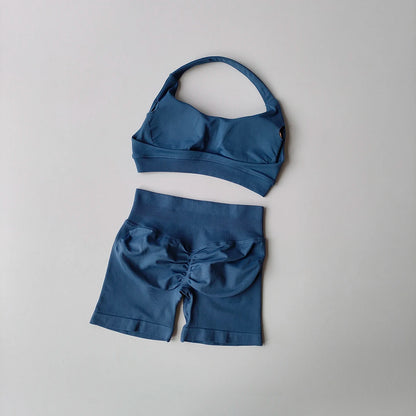 2 Pieces Yoga Suit for Women Seamless Fitness Gym Clothes Halter Sports Bra Matching Impact Shorts Workout Sets Gym Outfit Grey blue CN