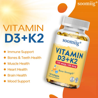 Vitamin D3 K2 - Bone Health & Immune Support Supplement - with 5000 IU Vitamin D and 50 Mcg Vitamin K2, Soy Free