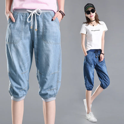 Summer Styles Loose Jeans For Women Calf-Length Harem Pants Elastic High Waist Thin Pants Fashion Jeans 4XL