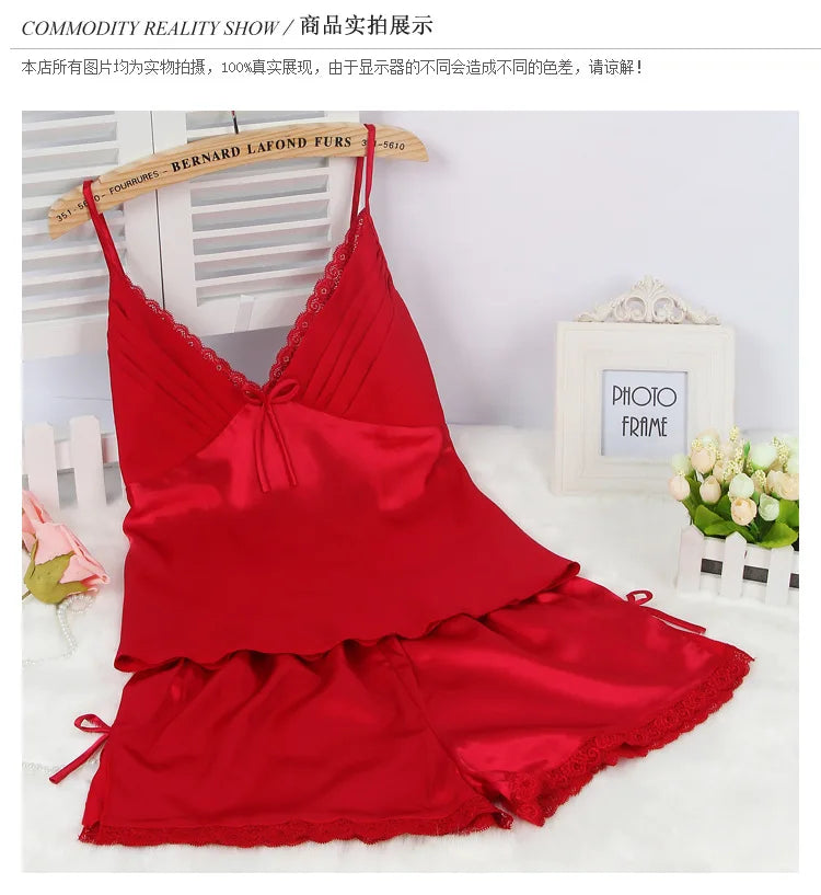 Black Pajamas Suit Lace Up Cami&shorts Set 2Pcs Satin Home Clothes Lady Sexy Lingerie Sleepwear Loungewear Plus Size 3Xl Red