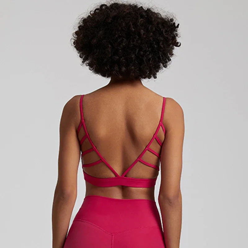 Open Back Sports Bra 8 Way Stretch Deep U Neck Bra Padded Fitness Top for Women Virtual Pink