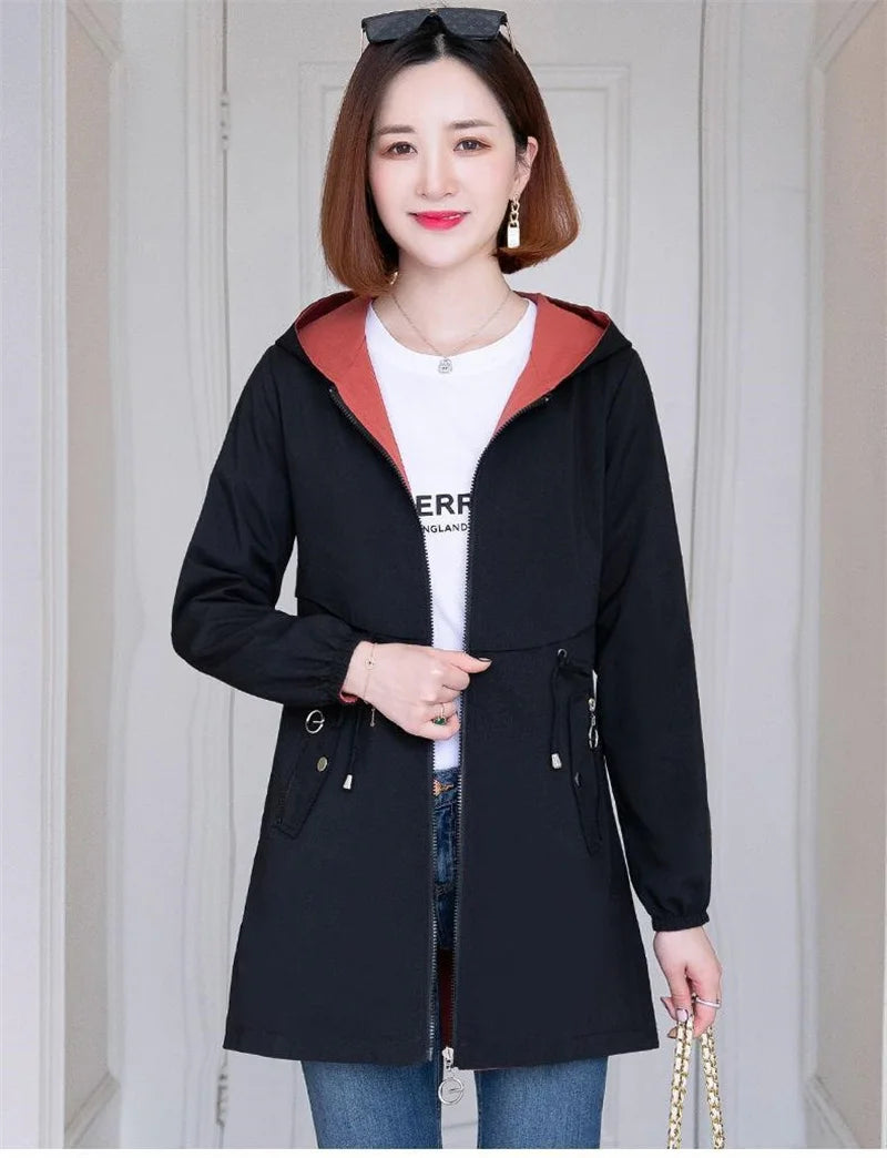 Double-Sided Trench Coat Women 2023New Fashion Spring Autumn Clothes Hooded Mid-Length Windbreakers Female Outerwear Casual Tops